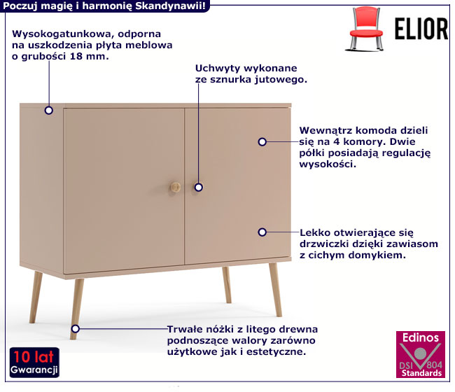 Skandynawska komoda na nóżkach w kolorze macchiato Tida 9X