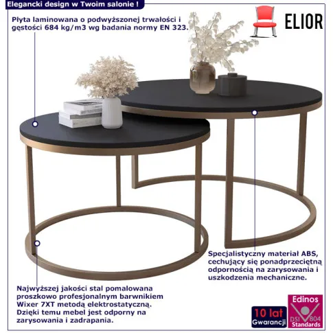 Infografika zestawu okrągłych stolików 2w1 czarny   złoto onrero 5x