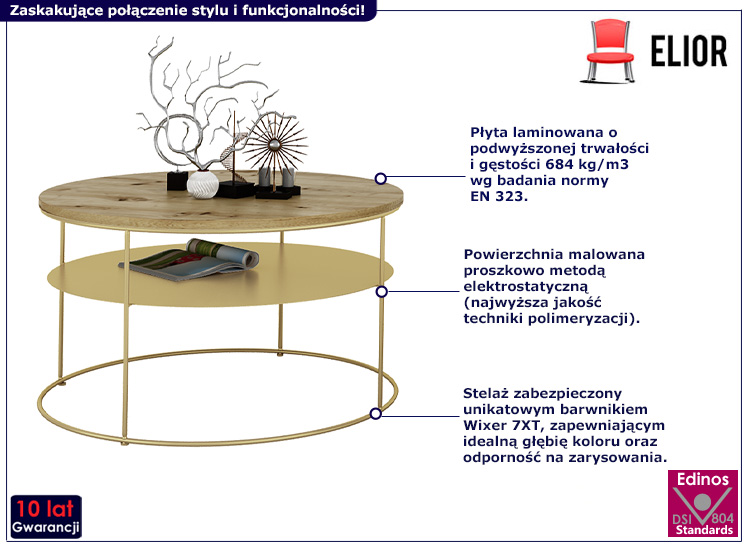 Nowoczesny stolik kawowy Rencontrer 3X dąb artisan+złoty
