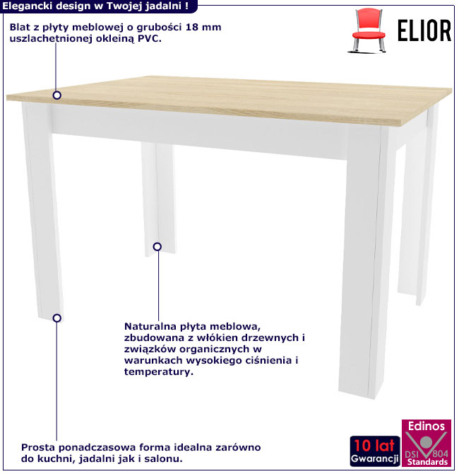 Infografika prostokątnego stołu do kuchni Wezen 4X sonoma + biały