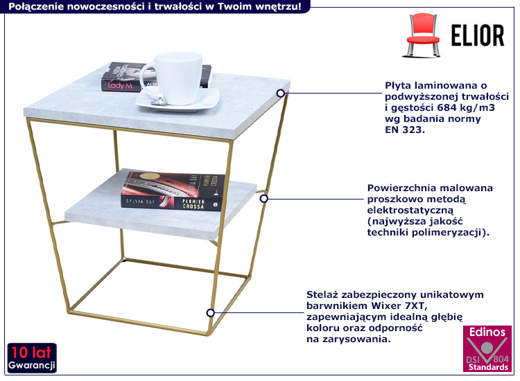 Kwadratowy stolik kawowy Celia 3X beton+złoty