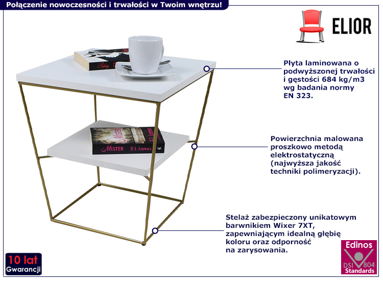 Kwadratowy stolik kawowy Celia 3X biały+złoty