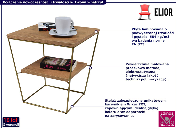 Kwadratowy stolik kawowy Arakin 3X dąb lancelot+złoty