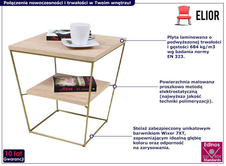 Kwadratowy stolik kawowy Arakin 3X dąb sonoma+złoty
