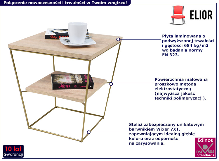 Kwadratowy stolik kawowy Celia 3X dąb sonoma+złoty