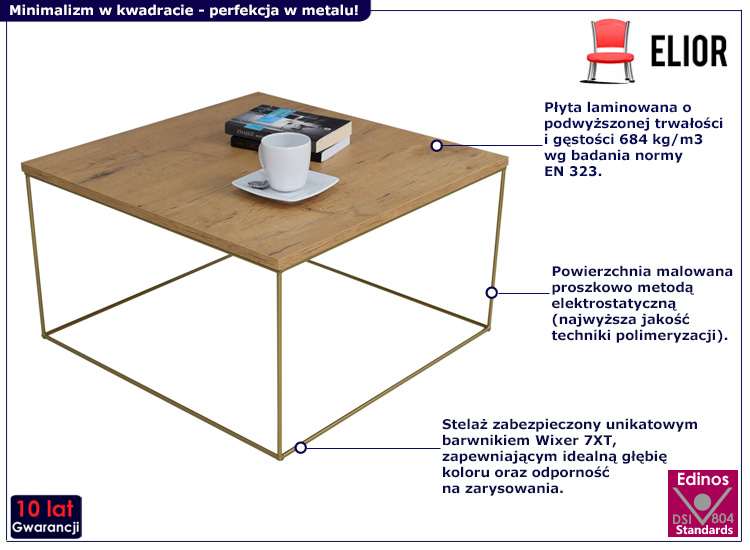 Kwadratowy stolik kawowy Otax 3X dąb lancelot+złoty