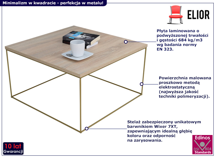 Kwadratowy stolik kawowy Otax 3X dąb sonoma+złoty