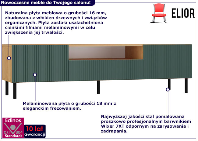 Infografika nowoczesnej szafki pod telewizor Mavis 3X zielona