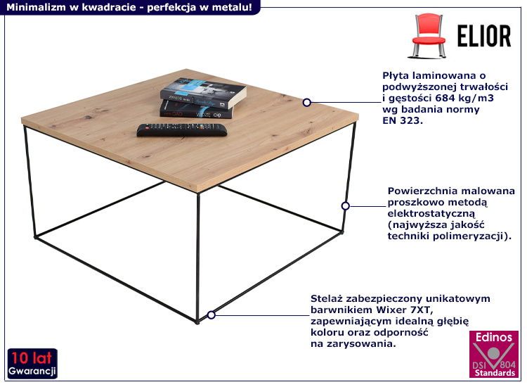 Kwadratowy stolik kawowy Welos 4X dąb artisan+czarny