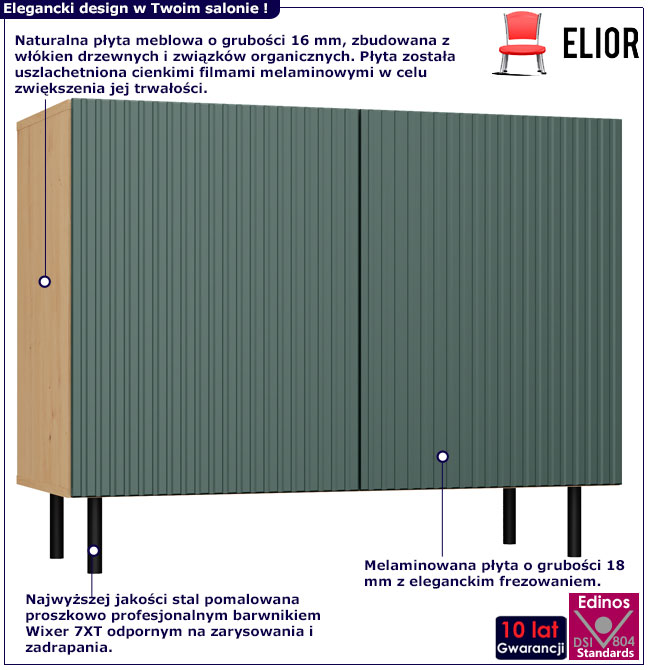 Infografika ryflowanej komody na nóżkach Kemi 4X zielona