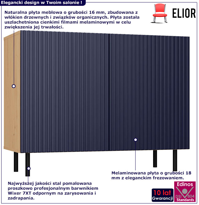 Infografika ryflowanej komody na nóżkach Kemi 4X granatowa