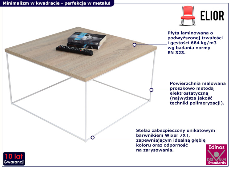 Kwadratowy stolik kawowy Welos 5X dąb sonoma+biały