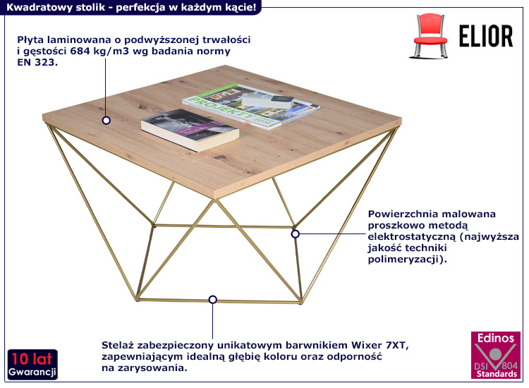 Druciany stolik kawowy Mesa 3X dąb artisan+złoty