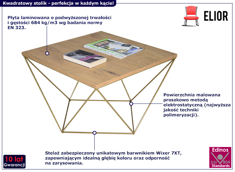 Druciany stolik kawowy Mokita 3X dąb lancelot+złoty