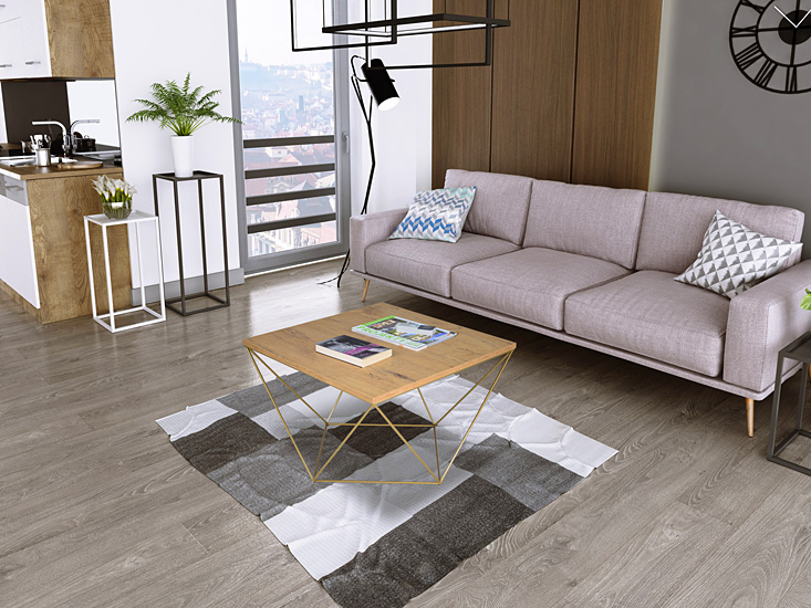 Wizualizacja stolika kawowego Mokita 3X dąb lancelot+złoty