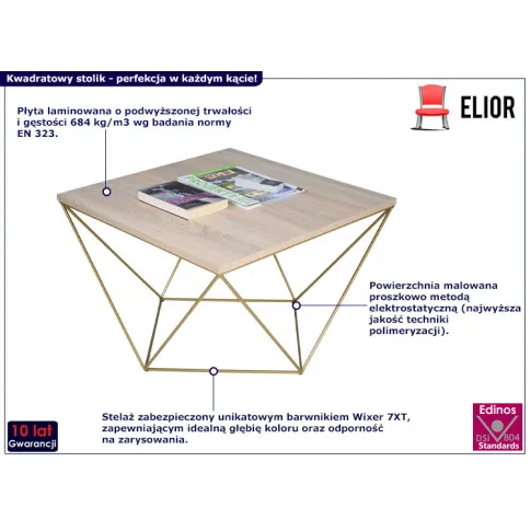 Nowoczesny stolik kawowy Galapi 3X dąb sonoma złoty