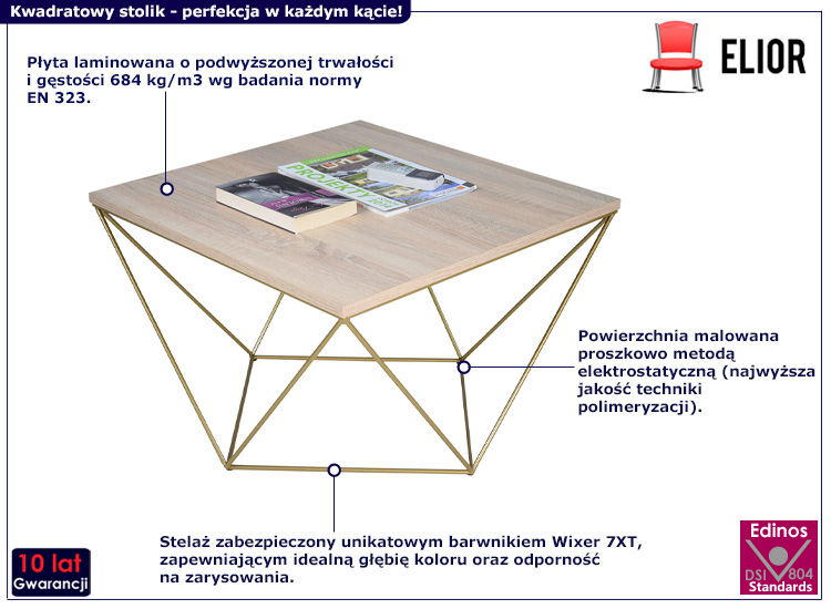 Druciany stolik kawowy Mokita 4X dąb sonoma+złoty