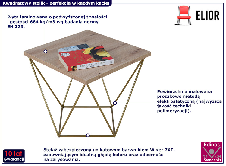 Druciany stolik kawowy Mokita 5X dąb artisan+złoty