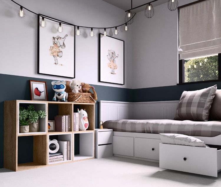 Pokój dziecięcy z wykorzystaniem skandynawskiego regału dąb sonoma Atela 4X