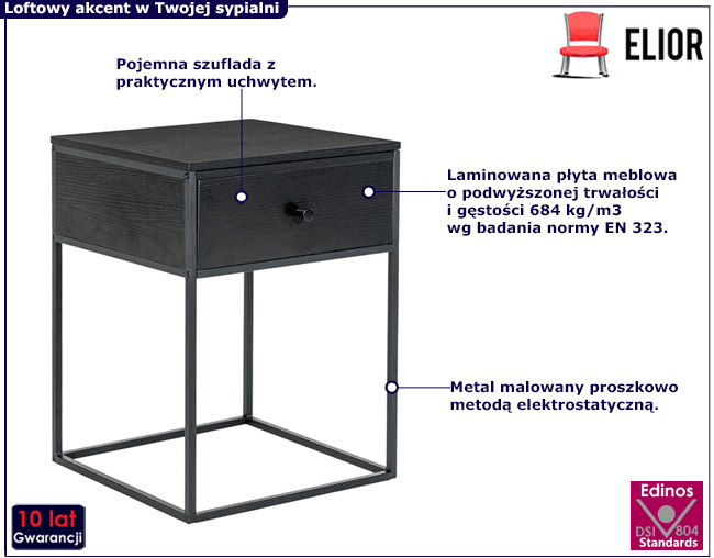 Czarna szafka nocna na metalowym stelażu Galio