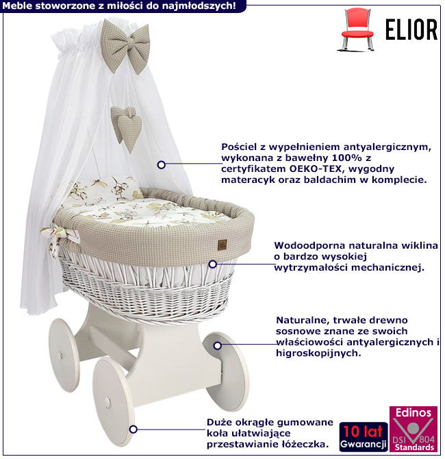 Infografika kosza Mojżesza na drewnianym stelażu z baldachimem Notiso 5X