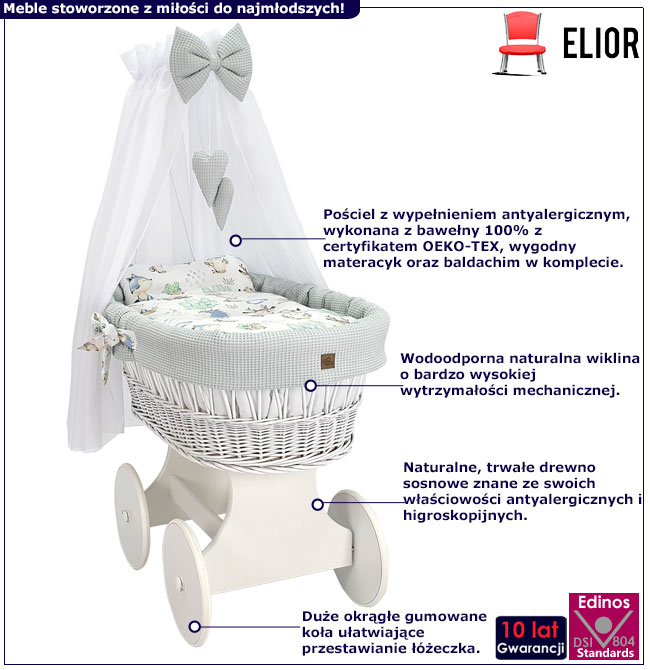 Infografika szarego kompletu kosz Mojżesza z baldachimem Notiso 5X