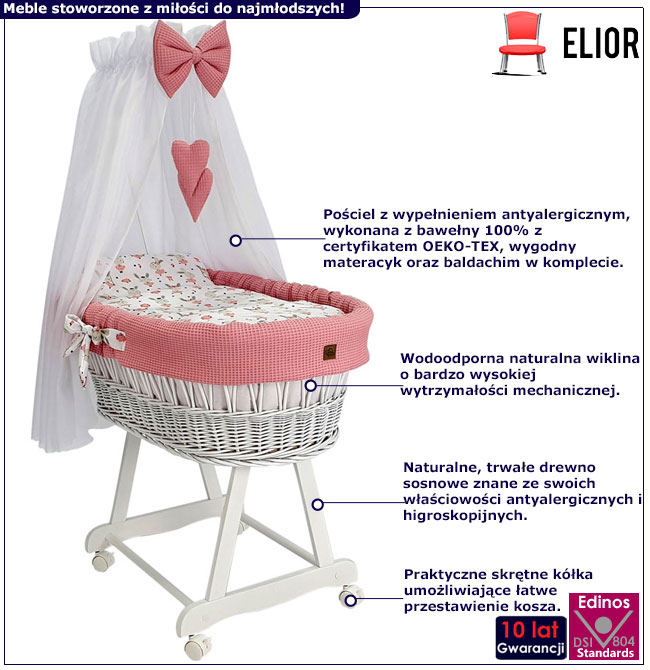 Infografika różowego zestawu kosz Mojżesza z baldachimem Notiso 6X