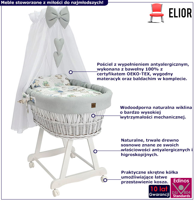 Infografika szarego zestawu kosz Mojżesza z baldachimem Notiso 6X