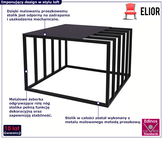 Czarny kwadratowy stolik kawowy loftowy Avisa 4X