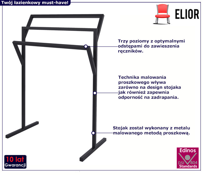 Czarny metalowy stojak na ręczniki do łazienki Wemio 3X