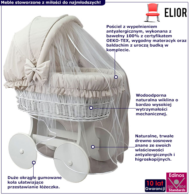 Infografika kompletu beżowe łóżeczko dla niemowlaka z budką Notiso 7X