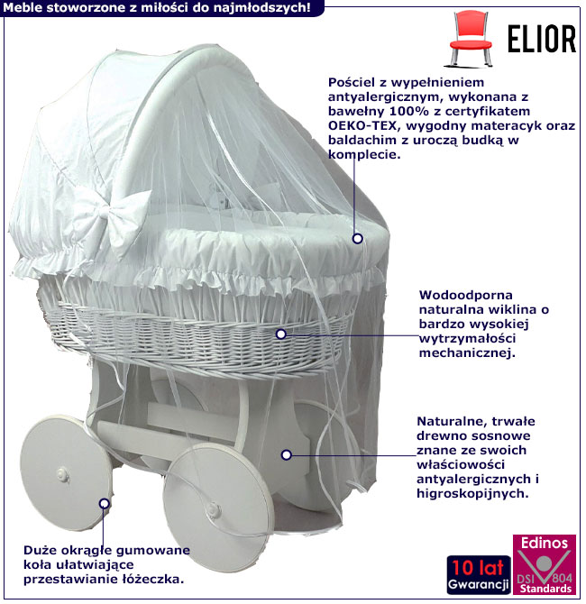 Infografika kompletu białe łóżeczko dla niemowlaka z budką Notiso 7X