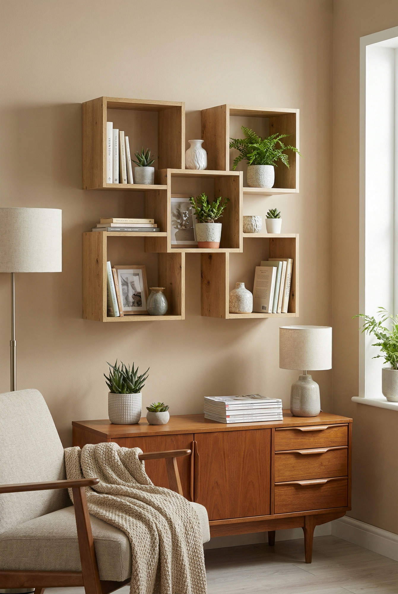 Aranżacja salonu z półką ścienną w kolorze dąb artisan - Opifi
