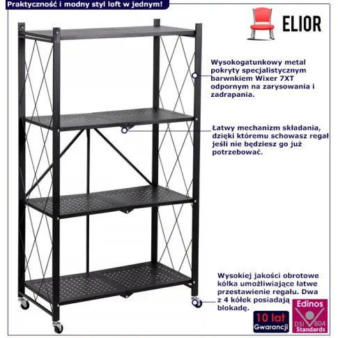 Infografika składanego regału na kółkach z 4 półkami meros 4x