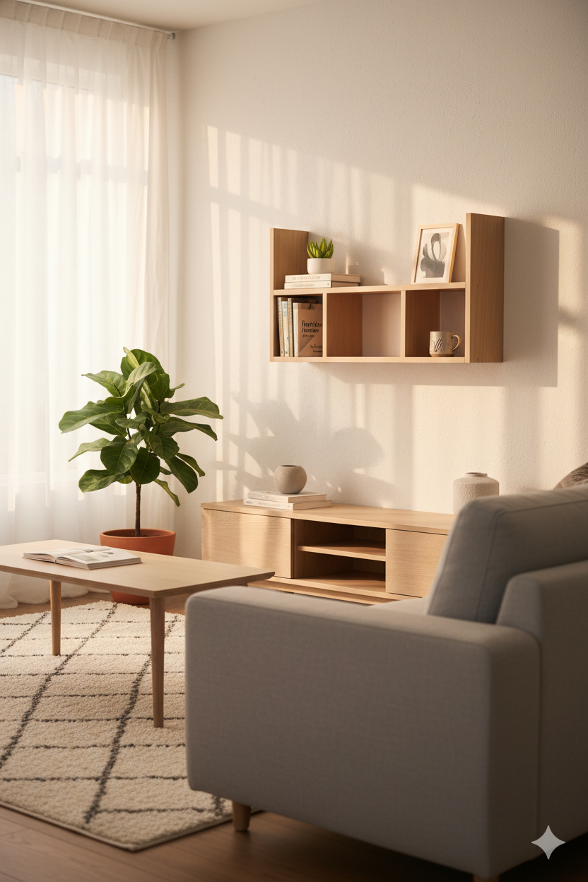 Aranżacja salonu z półką wiszącą w kolorze buk - Danson