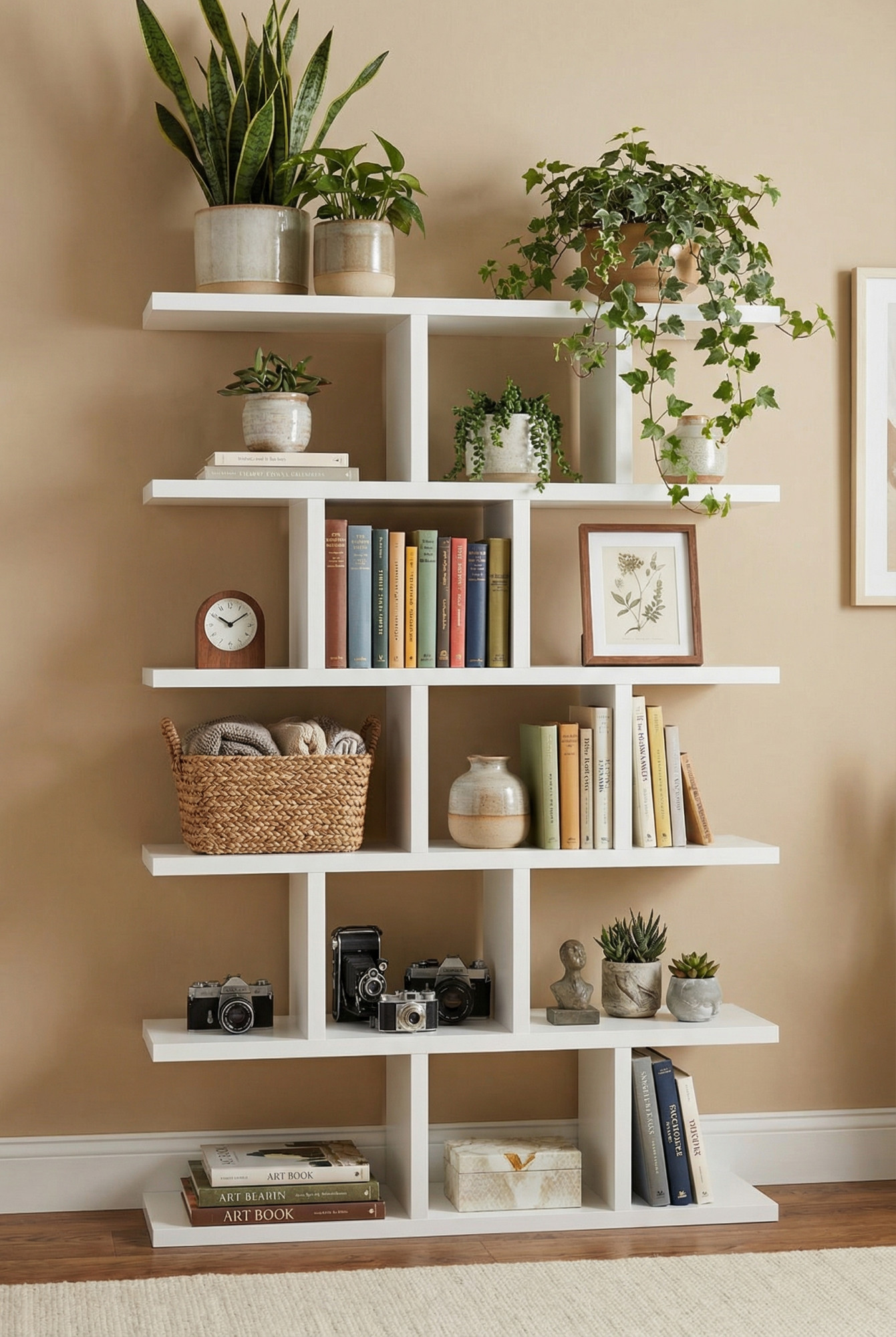 Aranżacja wnętrza z białym regałem Adelo