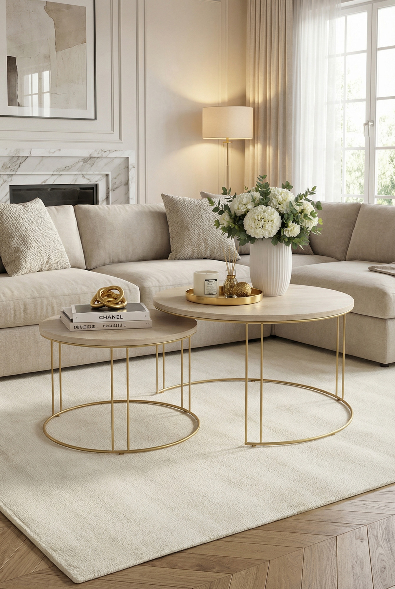 Salon z wykorzystaniem kompletu stolików kawowych Eksa 3X dąb sonoma