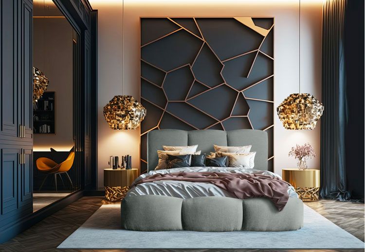 Stylowa sypialnia z wykorzystaniem łóżka tapicerowanego Nuna
