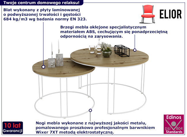 Komplet dwóch stolików kawowych Levana 5X biały+dąb artisan