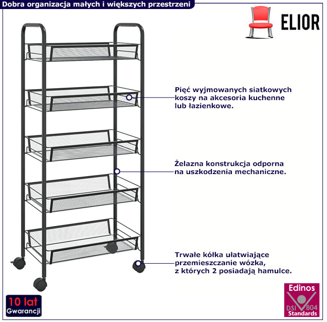 Czarny wózek kuchenny łazienkowy na kółkach pięciopoziomowy Vremio