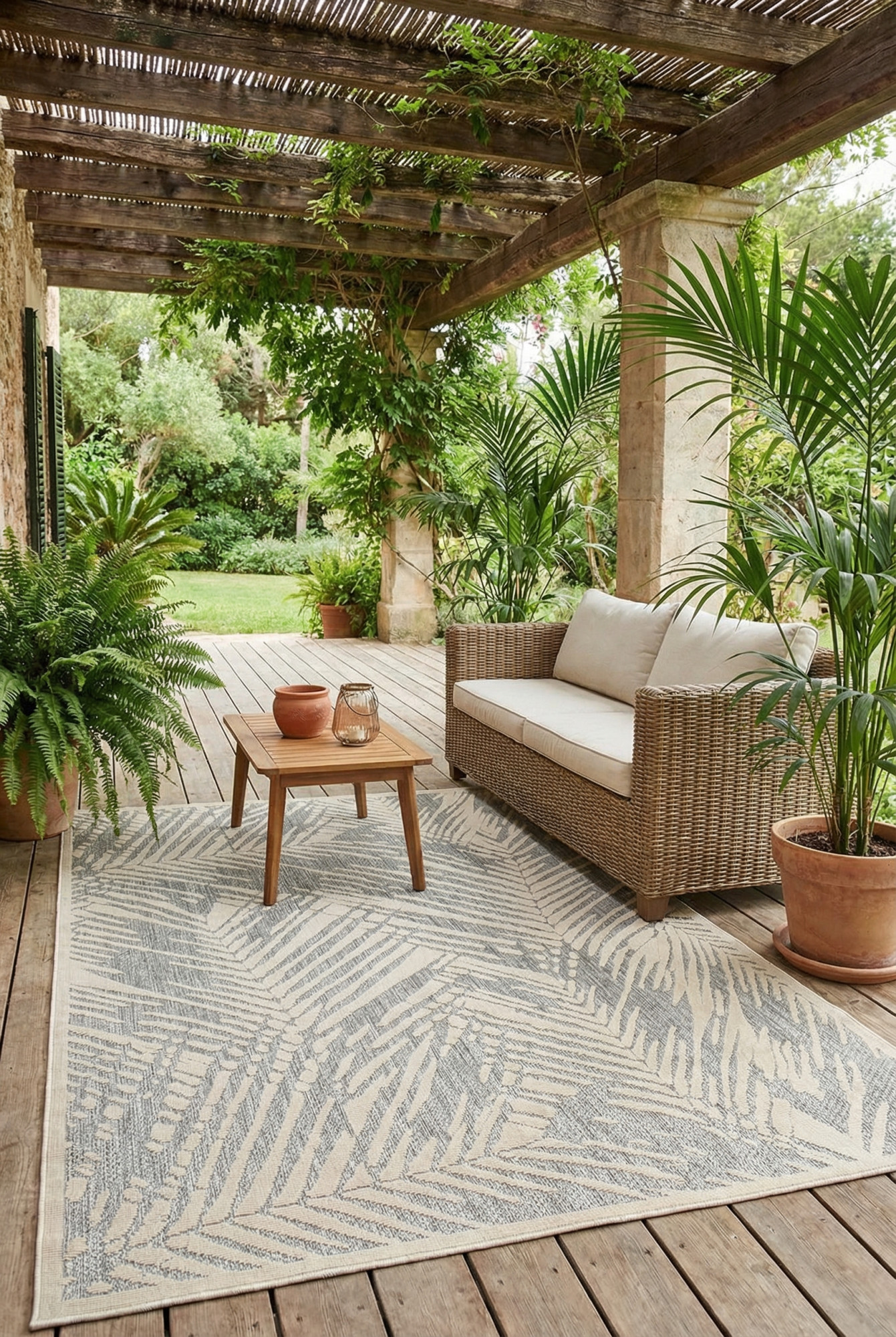 Aranżacja tarasu z dywanem w liście w stylu skandynawskim - Cewi 8X