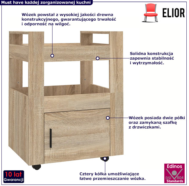 Drewniany wózek kuchenny na kółkach organizer Clersi