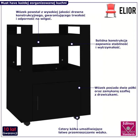 Czarny mobilny wózek kuchenny Noxo