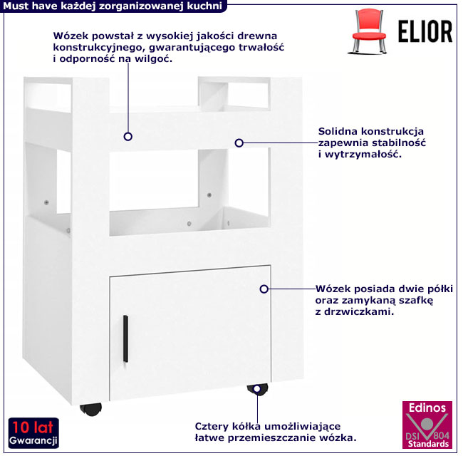 Biały wózek kuchenny na kółkach z drzwiczkami Clersi