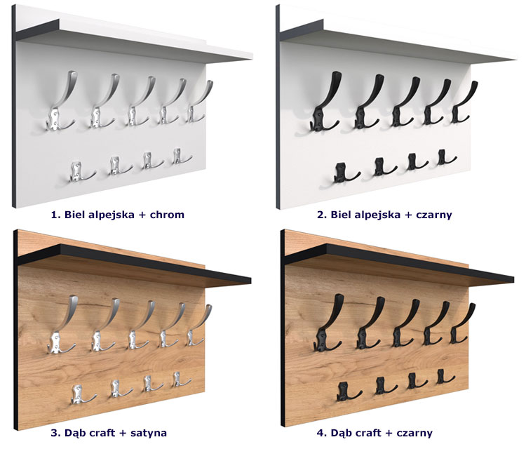 Kolory nowoczesnego wieszaka ściennego z półką Dragan 3X