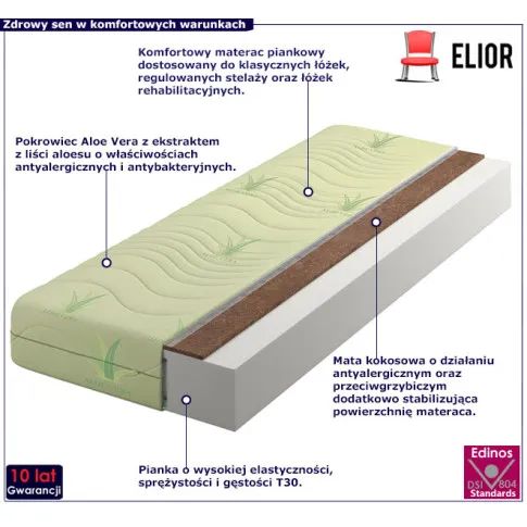 Materac piankowy T30 z warstwą z kokosa Aloe Vera Mirani