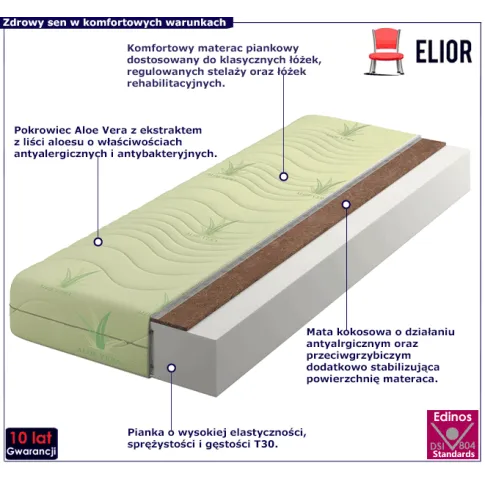 Materac piankowy T30 z warstwą kokosową Aloe Vera Mirani