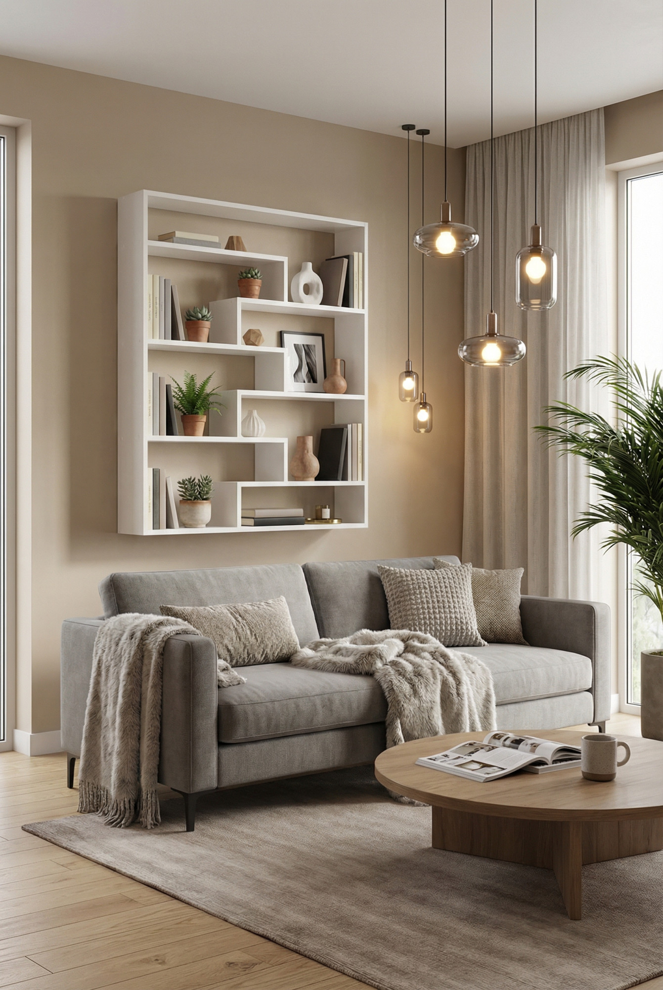 Aranżacja wnętrza z bialym regalem Esol