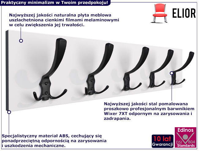 infografika białego wieszaka ściennego Dragan 4x z czarnymi haczykami