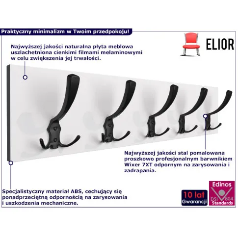 infografika minimalistycznego wieszaka ściennego dragan 4x biały czarny